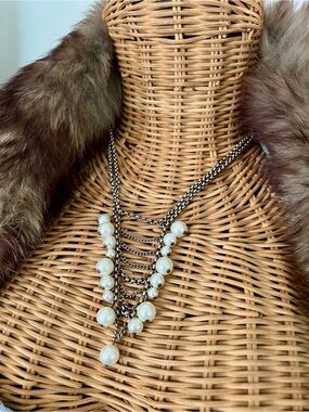 Sabika White Pearl Multi-Strand Drop Necklace on Silver Chains